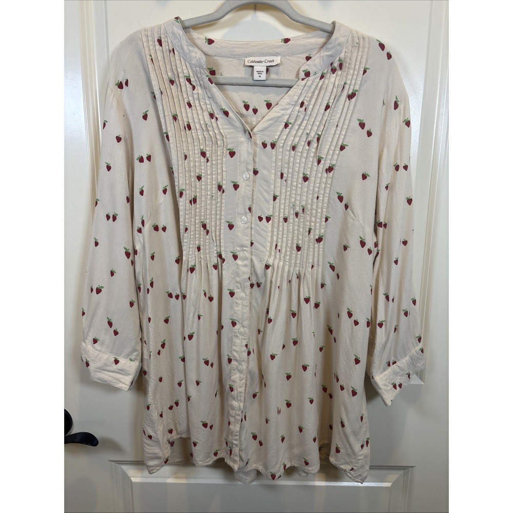 Coldwater Creek Cream Button Pintuck Pleating Strawberry Shirt Size 1X Blouse